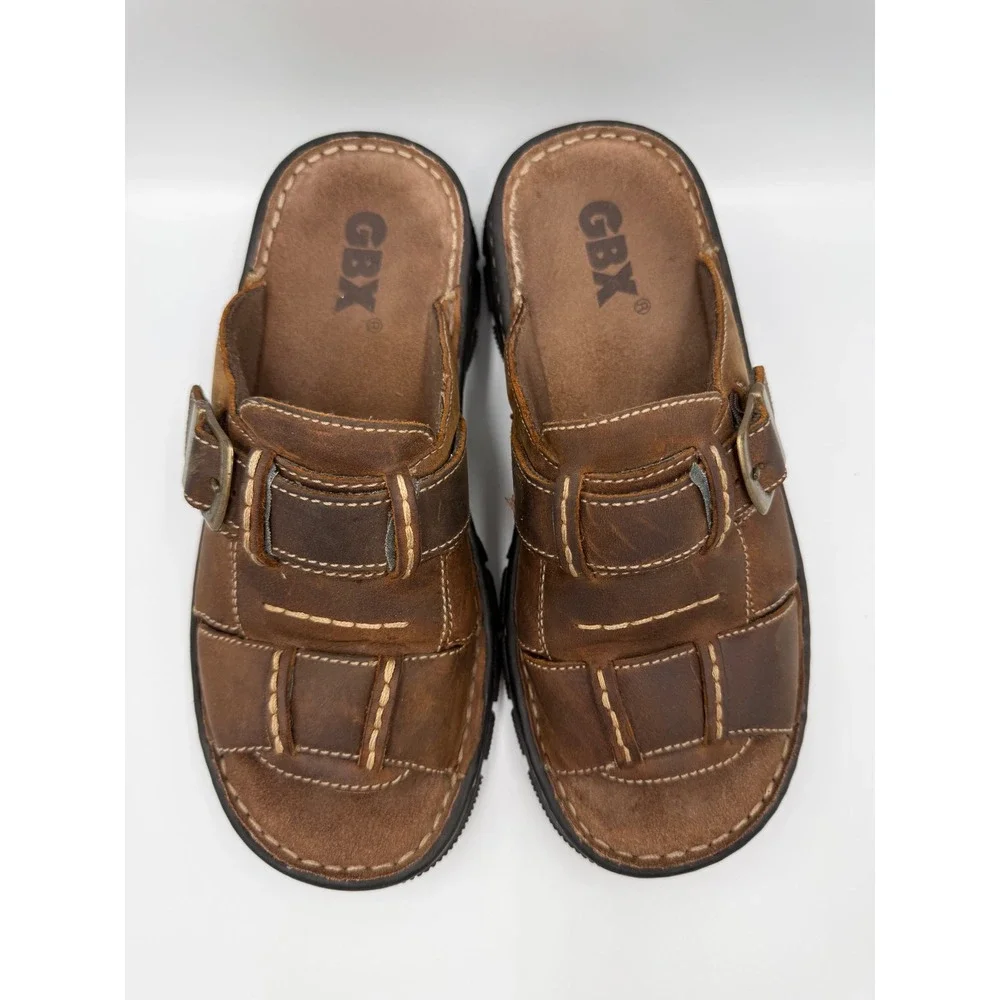 GBX Havana Men‎ Size 9 Brown Leather Slide Sandals Buckle Casual Comfort Shoes
